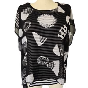 Multiples Black & White Abstract Chiffon Layered Shirt Sz XL